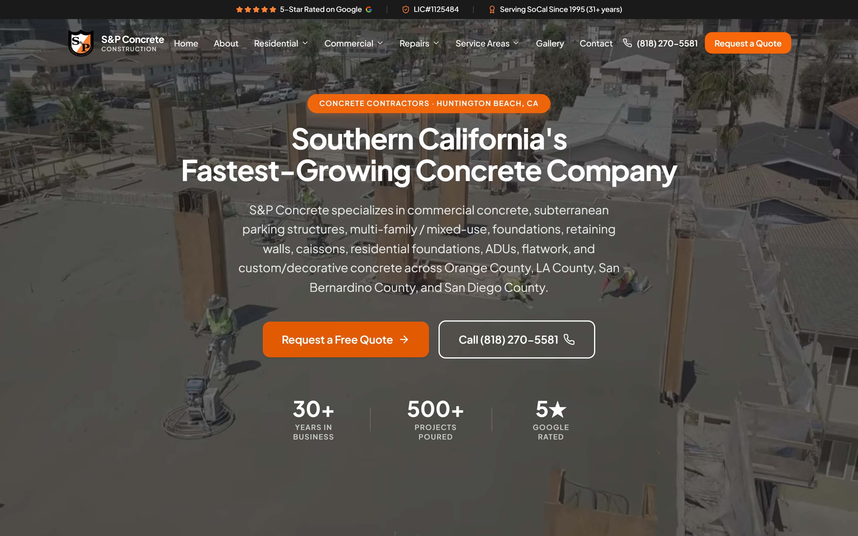 S&P Concrete Construction website — Commercial & Residential Concrete case study on desktop